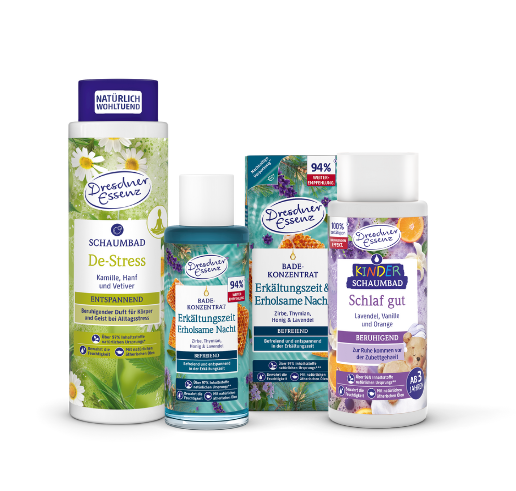 Produktabbildungen der Produkte: Schaumbad De-Stress, Badekonzentrat Erkaeltungszeit & Erholsame Nacht und Kinder-Schaumbad Schlaf gut