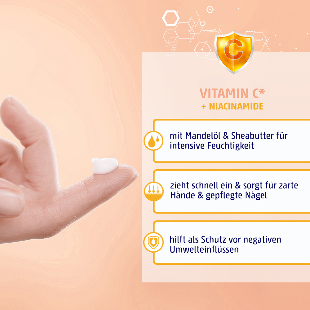 Vitamin C Handcreme mit Mandeloel und Sheabutter fuer intensive Feuchtigkeit zieht schnell ein und sorgt fuer zarte Haende und gepfleget Naegel und hilft als Schutz vor negativen Umwelteinfluessen