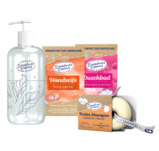 Abbildung verschiedener Less Waste Produkte Produktabbildungen der Produkte: Festes Shampoo Karibische Fruechte; Duschbad Konzentrat Streichelzarte Pfingstrose; Handseife Konzentrat Mild & Sensitive