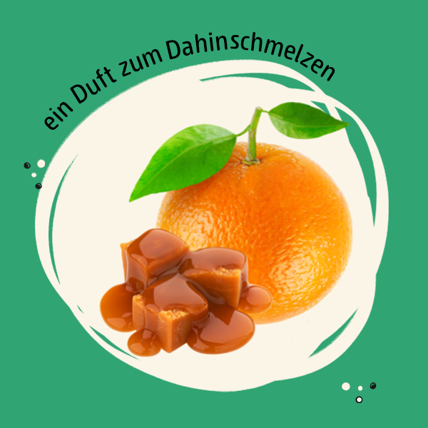 Die Duftkomponenten des Schaumbads "Living the sweet Life", eine Orange und Karamell, sind im Fokus des Bildes. Der Schriftzug "Ein Duft zum Dahinschmelzen" umrahmt die Komponenten.