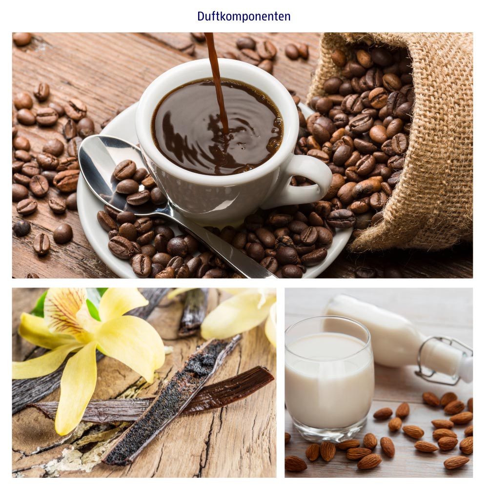 Abbildung der einzelnen Duftkomponenten Mandelmilch, Kaffee und Vanille