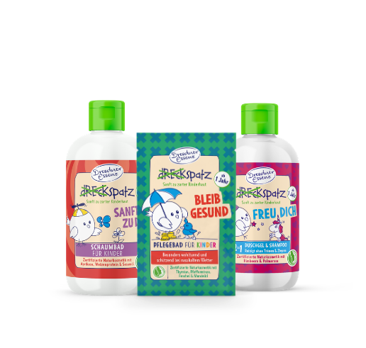 Abbildung der Produkte Schaumbad Sanft zu dir, Duschgel Freu dich und Pflegebad Bleib gesund