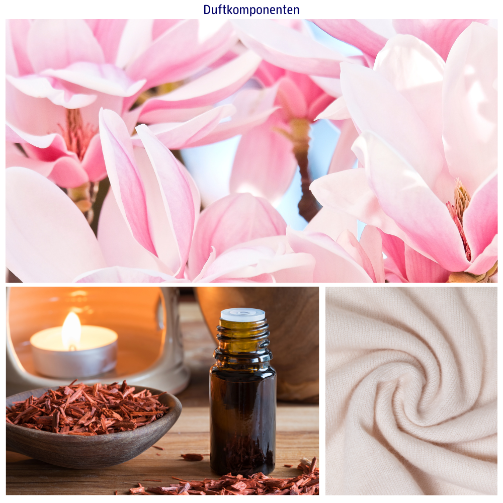 Abbildungen der Duftkomponenten: Magnolie, Kaschmir und Sandelholz