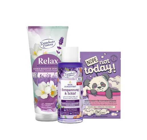 Produktabbildungen der Produkte Aroma-Booster Duschgel Relax, Badekonzentrat Entspannung & Schlaf und Badeschaum Nope, not today!