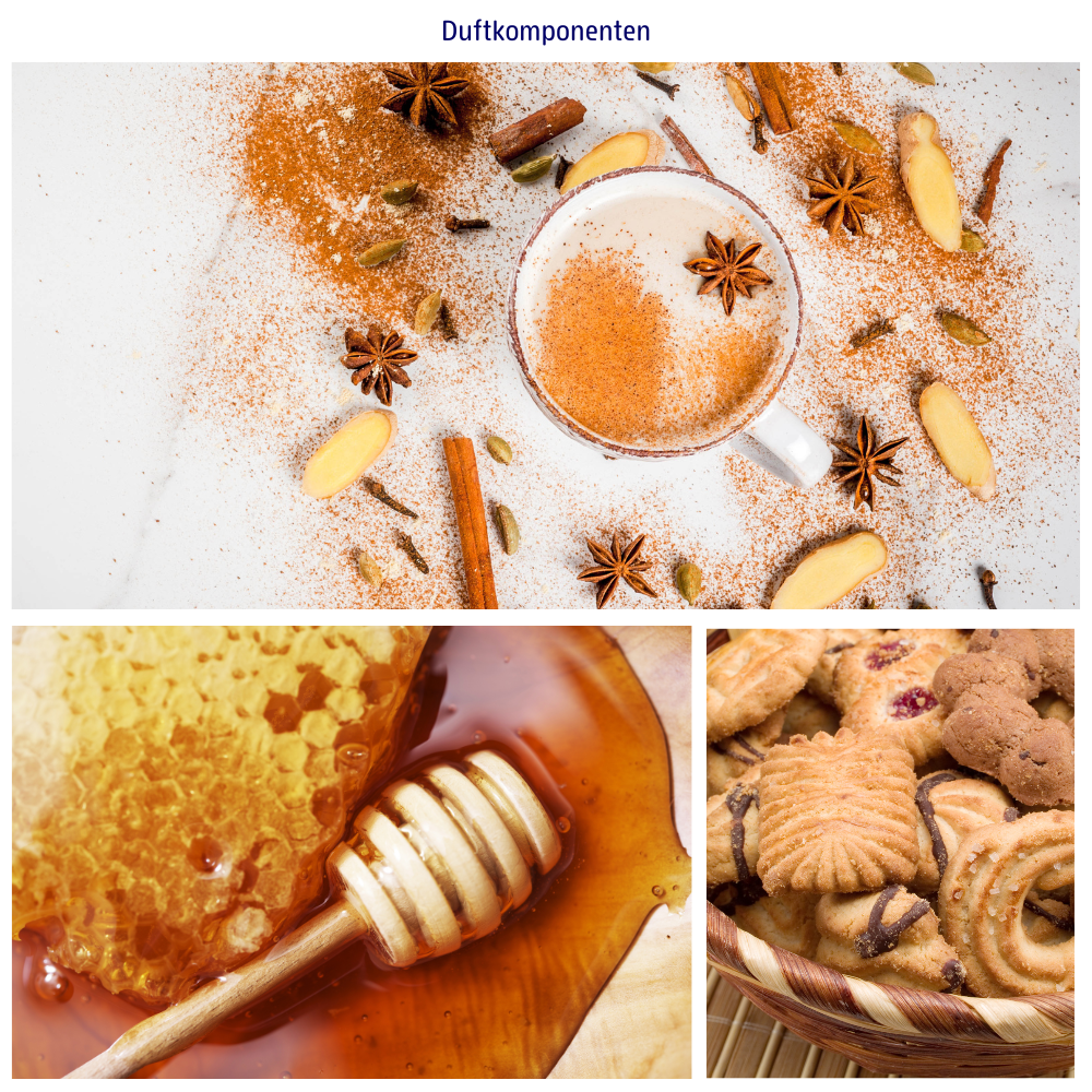 Abbildungen der Duftkomponenten: Chai Spices, Honig und Biskuit