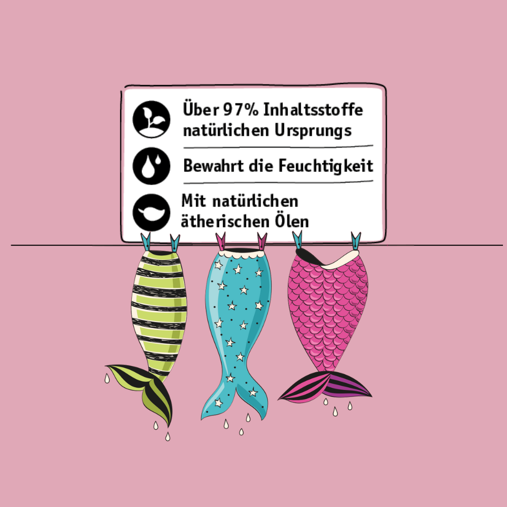 Mermaids only Badeschaum ist mit natuerlichen aetherischen Oelen und ueber 97% der Inhaltsstoffe sind natuerlichen Ursprungs und es bewahrt die Feuchtigkeit