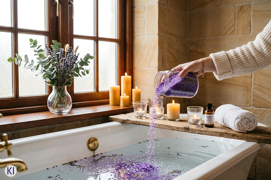 lila Badesalz wird in eine Badewanne geschüttet