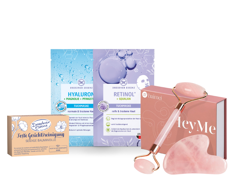 Gewinn: Feste Gesichtsreinigung Seidige Baumwolle, Tuchmakse Hyaluron, Tuchmaske Retinol, Gua Sha Set