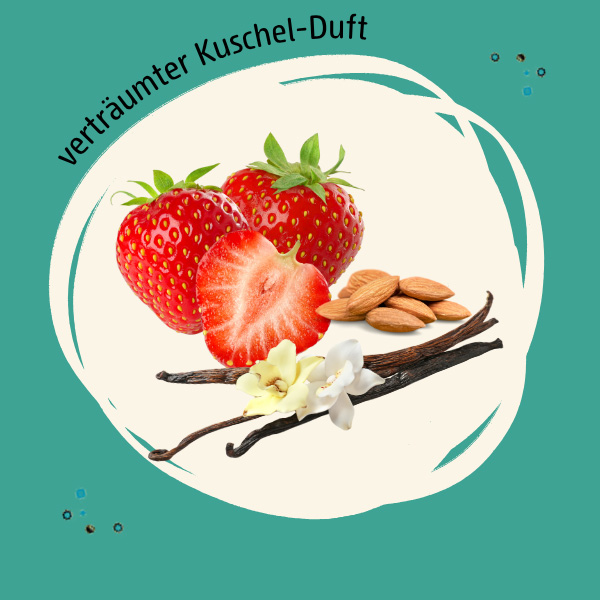 Abbildungen der Duftkomponenten Erdbeere, Vanille und Mandel und der Spruch "vertraeumter Kuschel-Duft"