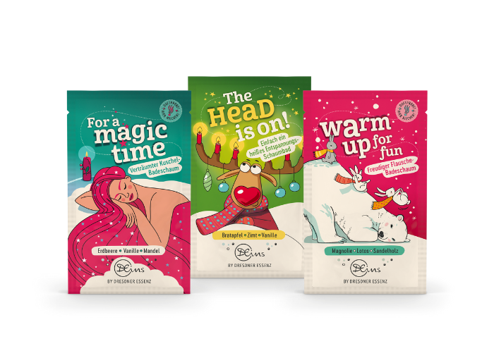 Produktabbildungen der Produkte: Badeschaum For a magic time, Schaumbad The Head is on! und Badeschaum Warm up for fun