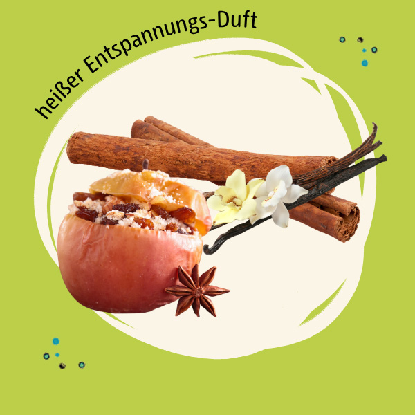 Abbildung der Duftkomponenten Bratapfel, Vanille und Zimt und der Spruch "heisser Entspannungs-Duft"