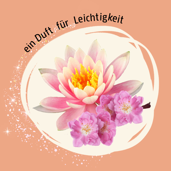 Abbildungen der Duftkomponenten Lotus und Pfirsichbluete und der Spruch "ein Duft fuer Leichtigkeit"