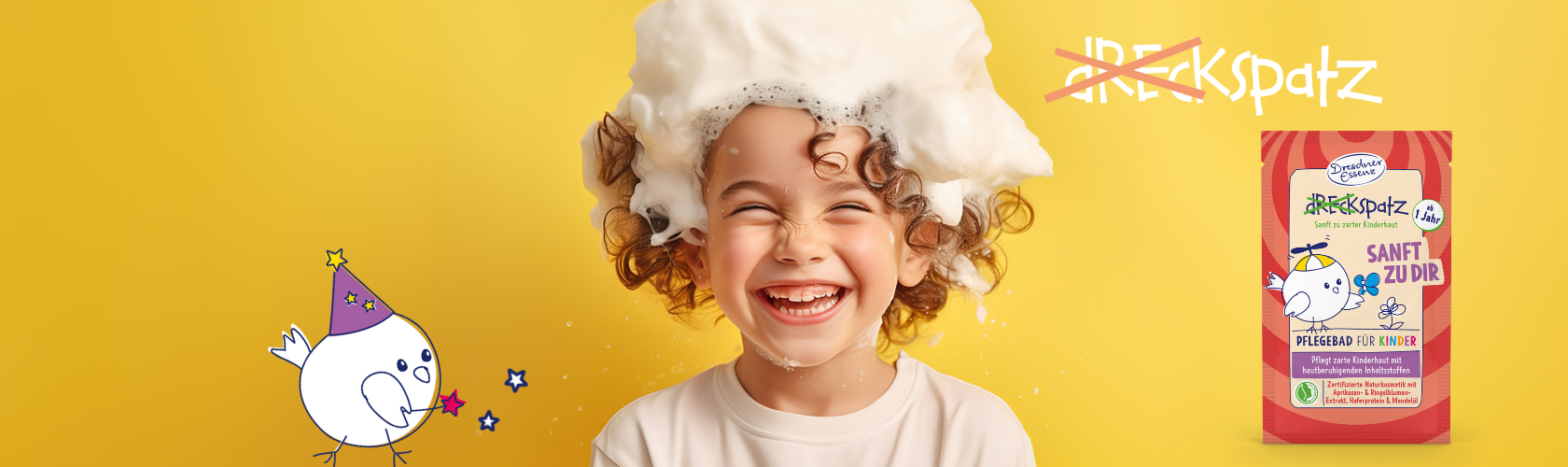 Ein glückliches Kind ist in der Mitte. Um das Kind herum sind Abbildungen der Produktlinie Dreckspatz und das Produkt "Badesalz Sanft zu dir" ist abgebildet.