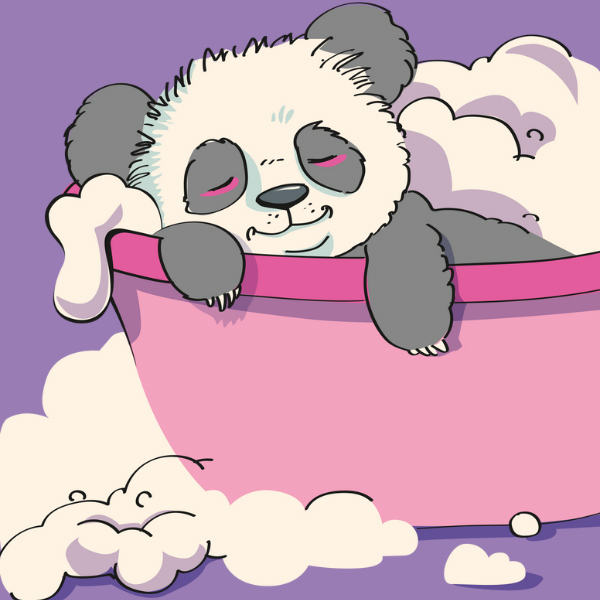 Ein Panda liegt mit geschlossenen Augen in einer schaeumenden badewanne und entspannt sich.