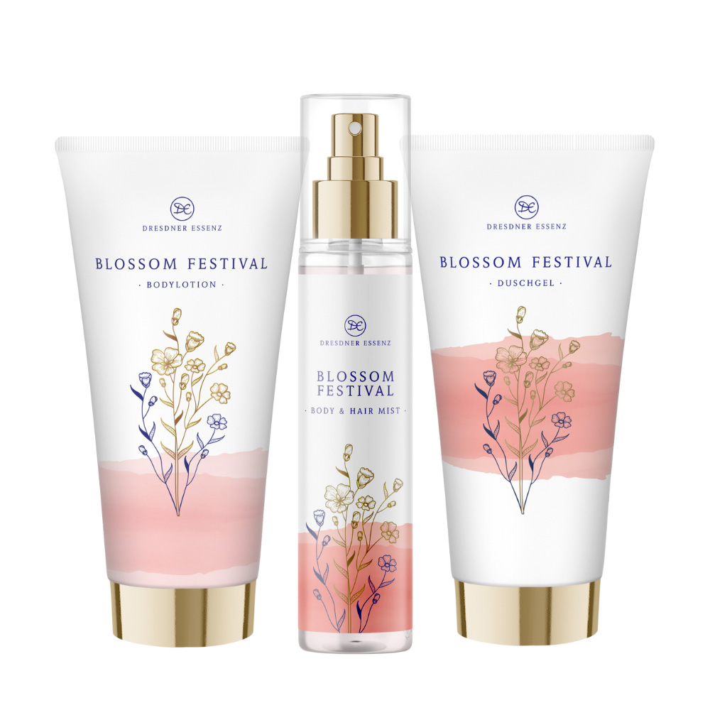 Komponenten des Blossom Festival Vorteil-Set: Duschgel Blossom Festival, Body- & Hair Mist Blossom Festival und Bodylotion Blossom Festival