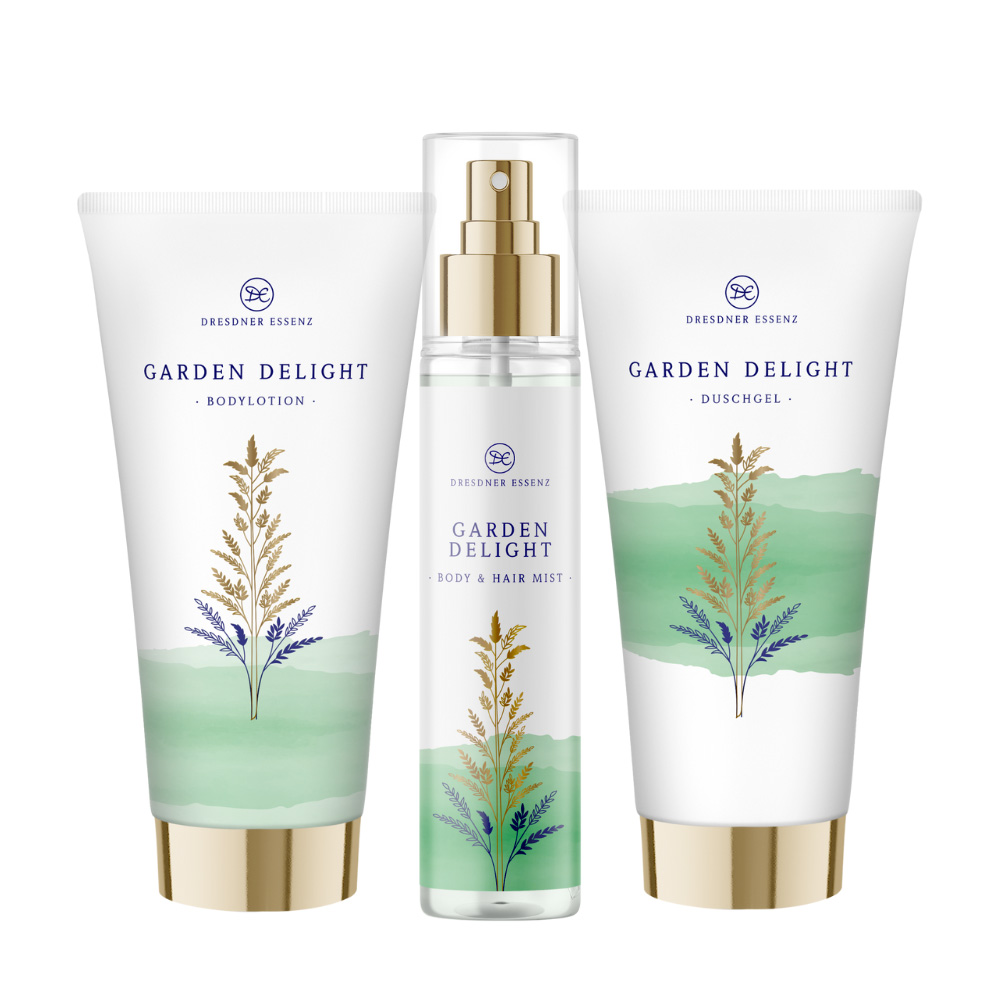 Komponenten des Garden Delight Vorteil-Set: Duschgel Garden Delight, Body- & Hair Mist Garden Delight und Bodylotion Garden Delight