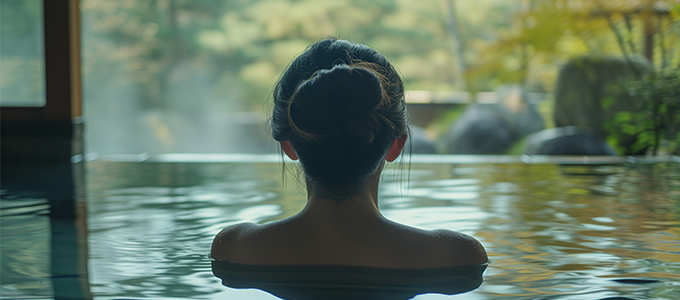 Frau in warmen Wasser Eine Person mit hochgesteckten Haaren sitzt in einem warmen Bad, möglicherweise in einer natürlichen Umgebung wie einer heißen Quelle
