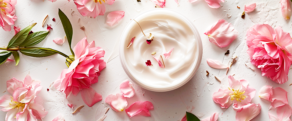 Eine weisse Lotion in einer Schale ist umgeben von verschiedenen Blumen und Blueten.