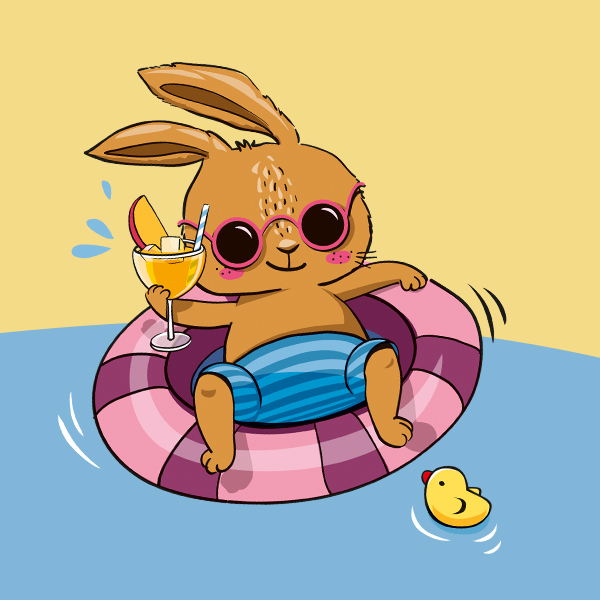 Ein Hase mit Sonnenbrille liegt in Badehose in einem Schwimmring und haelt dabei einen Cocktail in der Hand.