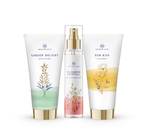 Produktabbildungen der Bodylotion Garden Delight, des Body- und Hair Mists Blossom Festival und des Duschgels Sun Kiss