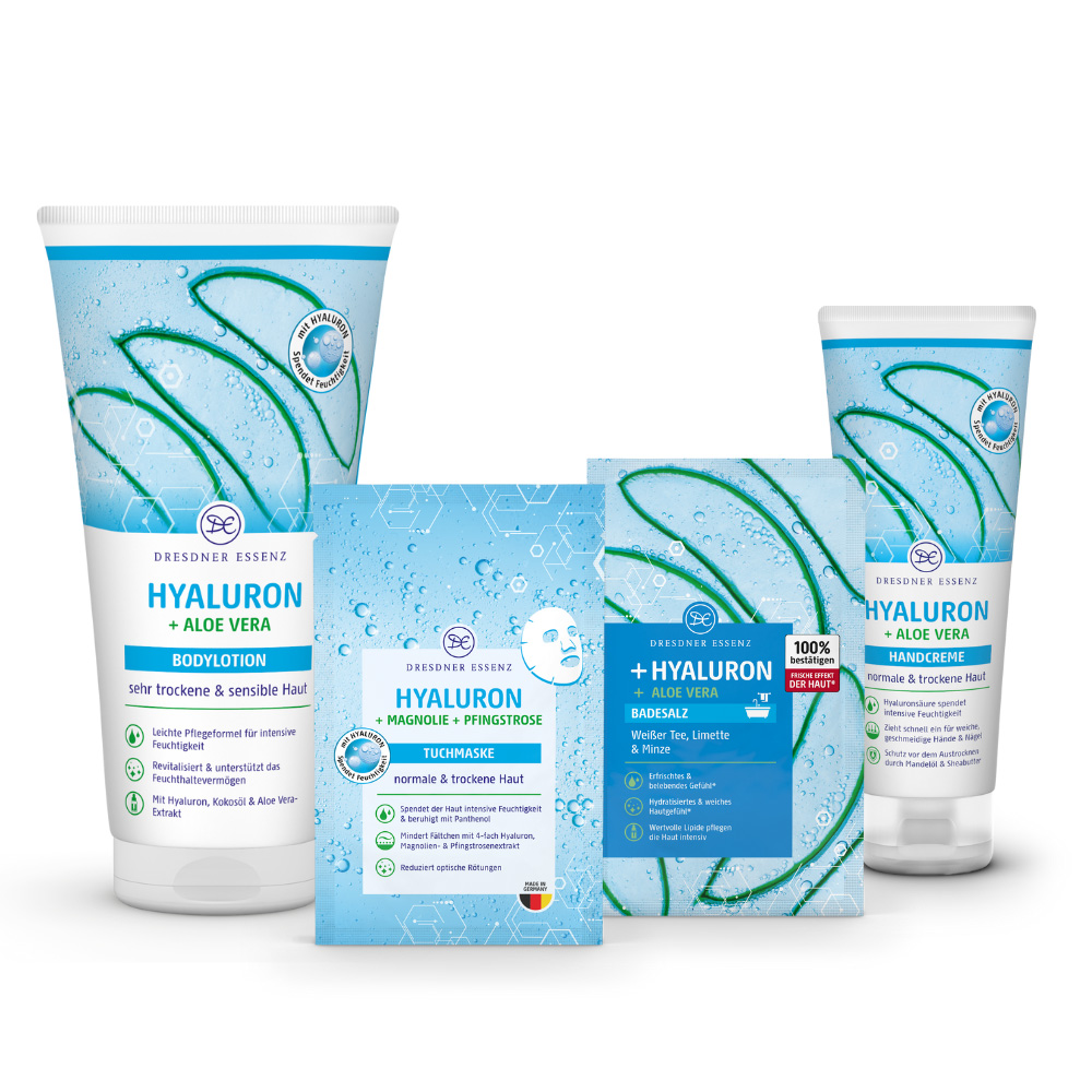 Vorteil-Set Hyaluron Komponenten des Vorteil-Set Hyaluron: Bodylotion Hyaluron, Tuchmaske Hyaluron, Badesalz Hyaluron und Handcreme Hyaluron