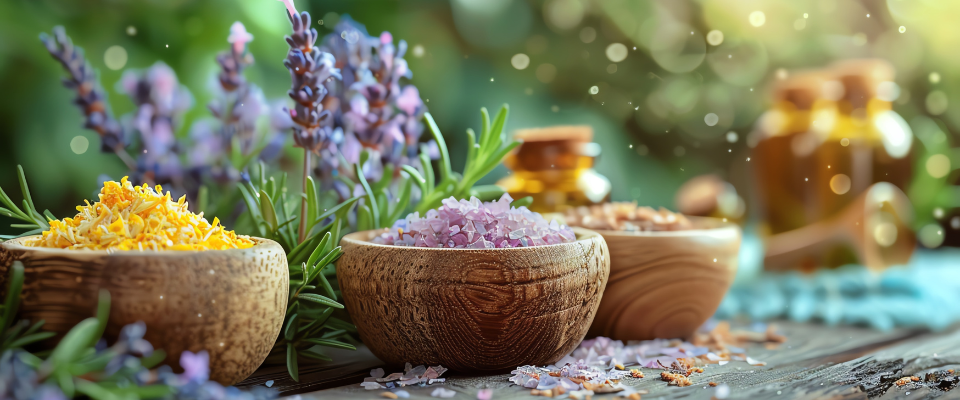 Abbildung mehrerer Holzschalen mit verschiedenen Salzen und anderen Produkten; im Hintergrund ist Lavendel und weitere Graeser und Kraeuter abgebildet
