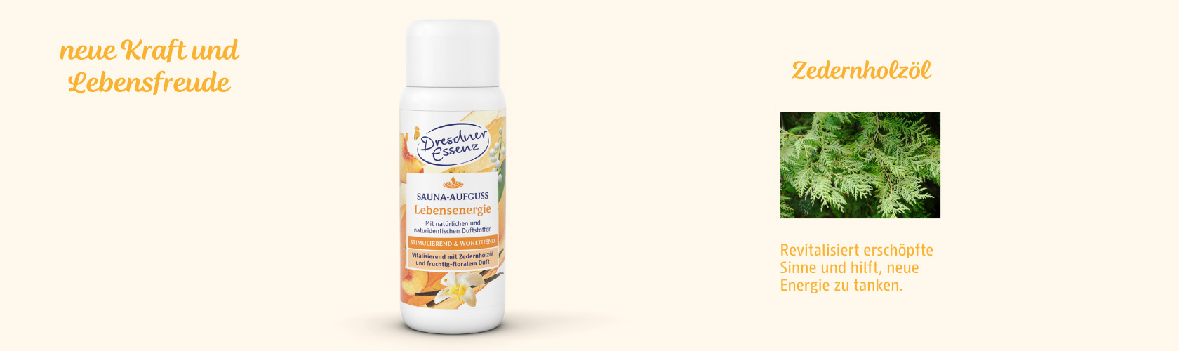 Produktteaser fuer den Sauna-Aufguss Lebensenergie Abbildung Sauna-Aufguss Lebensenergie mit Zedernholzoel fuer neue Kraft und Lebensfreude