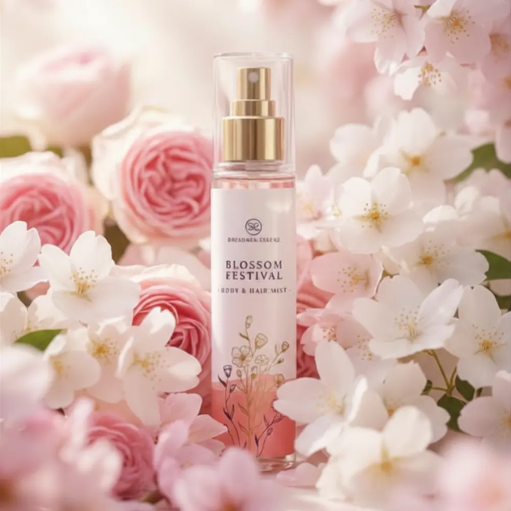 Produktabbildung Bodymist Blossom Festival ist amrahmt von Rosen- und Jasminblüten
