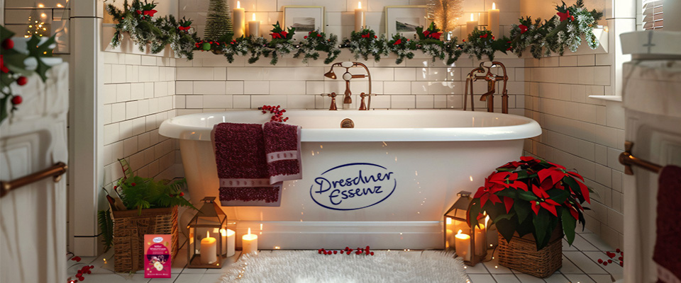 eine Badewanne ist mit Kerzen, Girlanden, roter Deko und Tannengruen weihnachtlich geschmueckt
