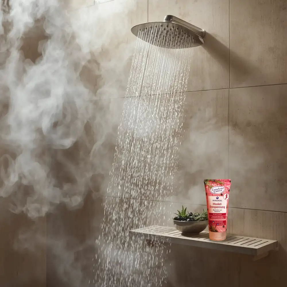 heiß dampfende Dusche, Kräuterschale und Duschgel Muskelentspannung