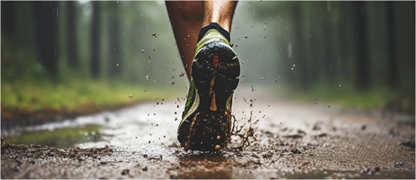 Nahaufnahme eines Fusses, der einen Sportschuh traegt; der Fuss laeuft gerade durch eine Pfuetze, wodurch Matsch hochspritzt