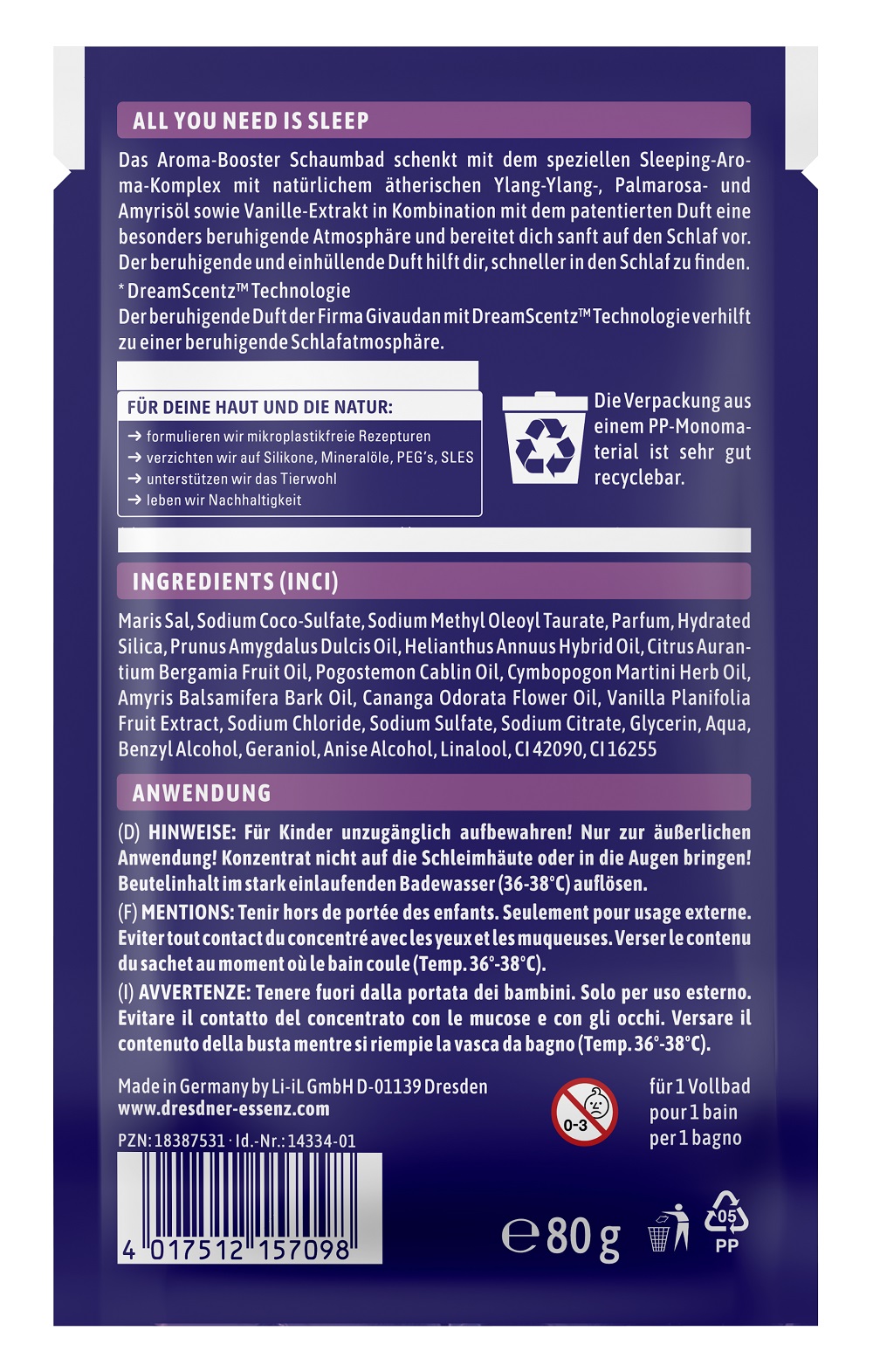 Produktbild Aroma-Booster Badeschaum All you need is sleep (Rueckseite)
