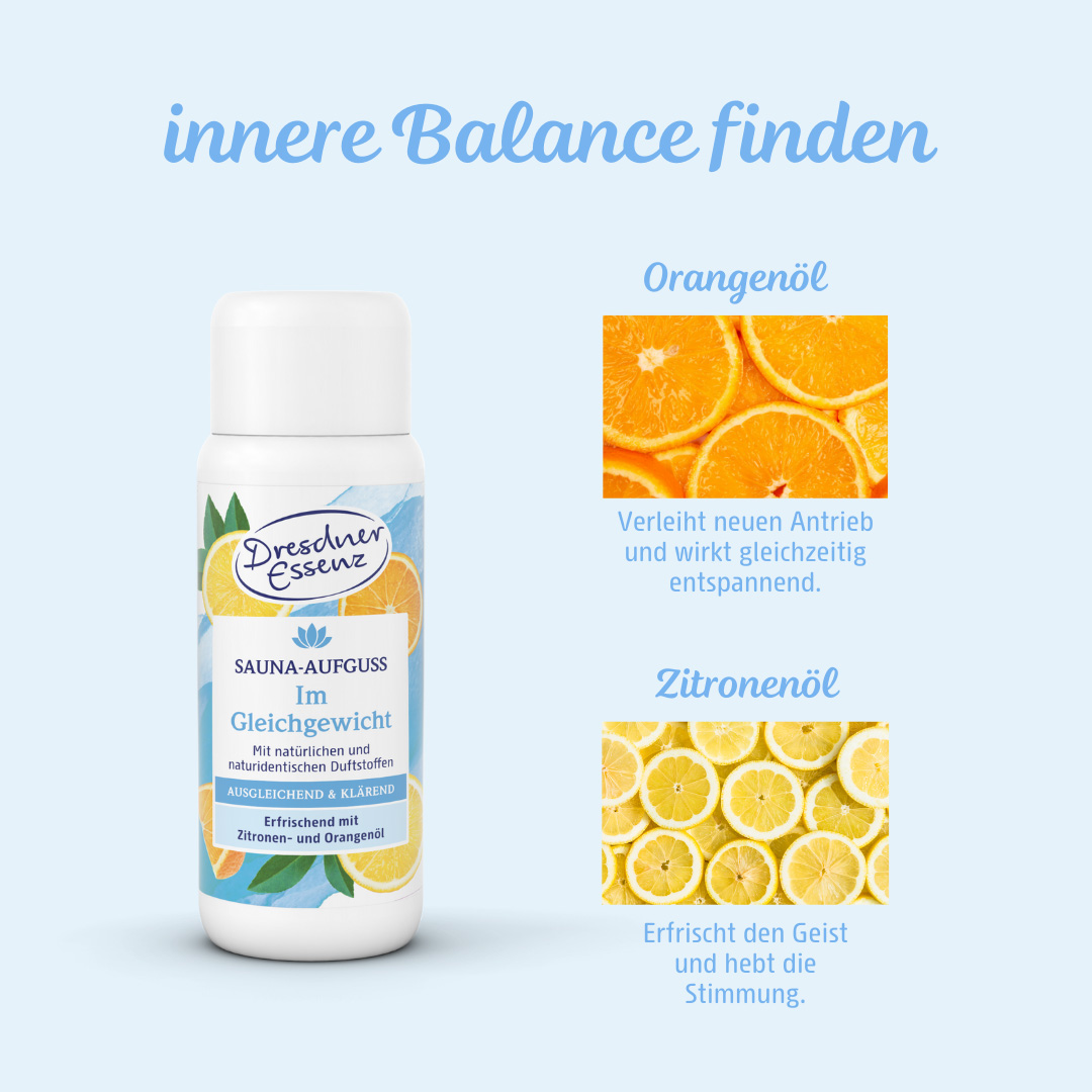 Sauna-Aufguss Im Gleichgewicht mit Orangen- und Zitronenoel, um innere Balance zu finden