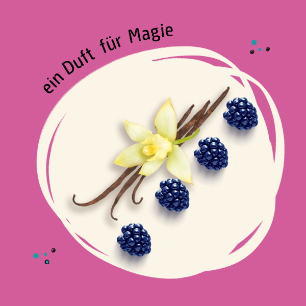 Abbildungen der Duftkomponenten Brombeere und Vanille und der Spruch "ein Duft fuer Magie"