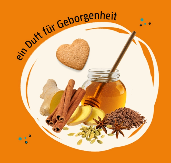 Abbildungen der Duftkomponenten Chai Spices, Honig und Biskuit und der Spruch "ein Duft fuer Geborgenheit"