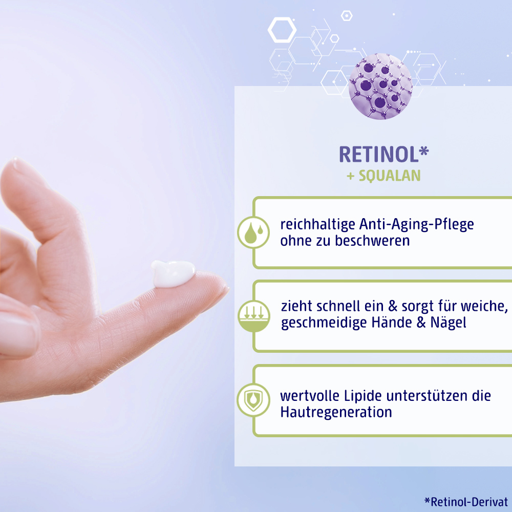 Retinol Handcreme bietet reichhaltige Anti-Aging-Pflege ohne zu beschweren, zieht schnell ein und sorgt fuer weiche, geschmeidige Haende und Naegel und wertvolle Lipide unterstuetzen die Hautregeneration