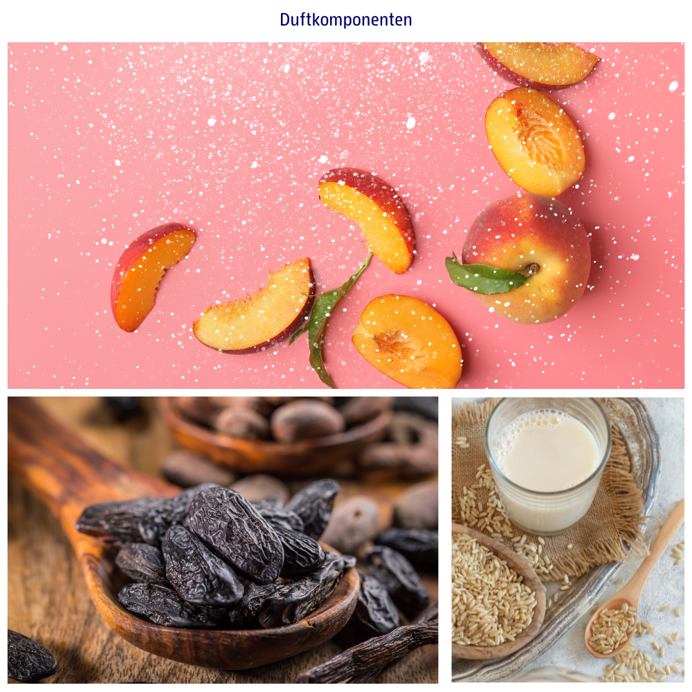 Abbildungen der Duftkomponenten: Winterpfirsich, Reismilch und Tonka