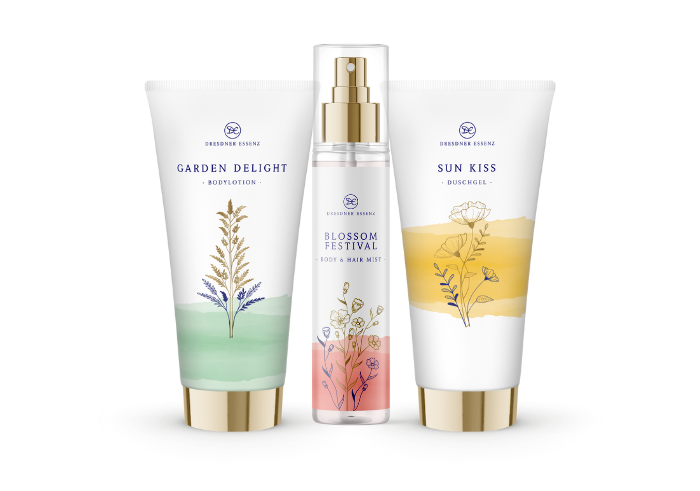 Abbildungen der folgenden Produkte: Bodylotion Garden Delight, Body & Hair Mist Blossom Festival und Duschgel Sun Kiss