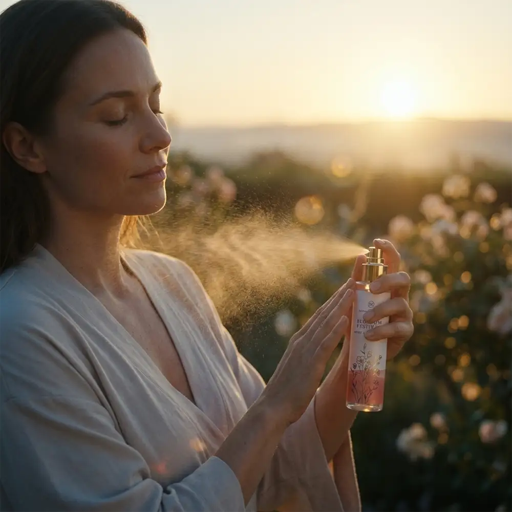 Frau trägt sich in der Morgendämmerung das Bodyspray Blossom Festival auf