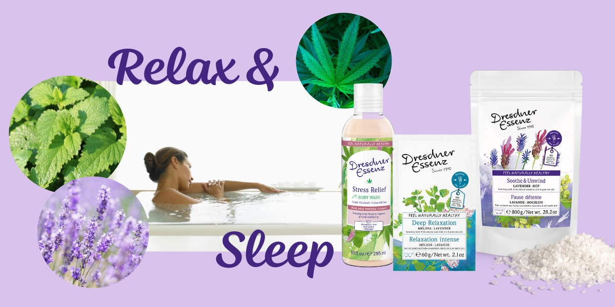 Eine Frau liegt in der Badewanne und entspannt. Verschiedene Dresdner Essenz Produkte, die die Entspannung foerdern, sind abgebildet sowie einige Kraeuter und Pflanzen, wie Hanf und Lavendel.