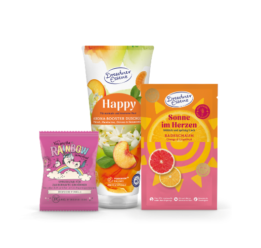 Abbildungen der Produkte Sprudeltab You are the Rainbow i´n my Cloud, Duschgel Happy und Badeschaum Sonne im Herzen