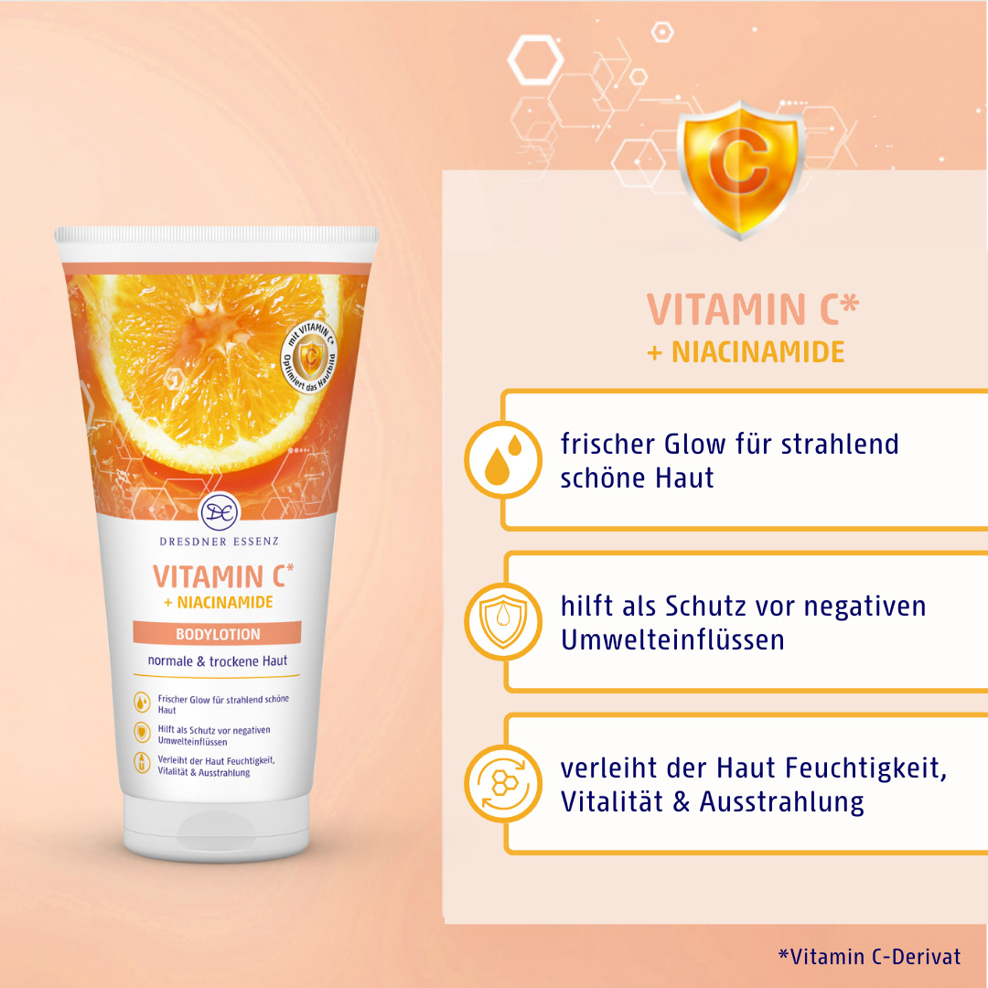 Bodylotion mit Vitamin sorgt für einen frischen Glow und strahlend schoene Haut, hilft als Schutz vor negativen Umwelteinfluessen und verleiht der Haut Feuchtigkeit, Vitalitaet & Ausstrahlung