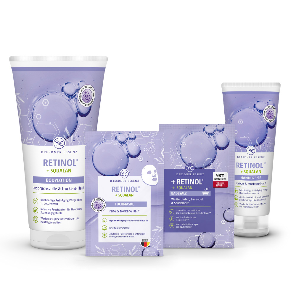 Vorteil-Set Retinol Komponenten des Vorteil-Set Retinol: Bodylotion Retinol, Tuchmaske Retinol, Badesalz Retinol und Handcreme Retinol