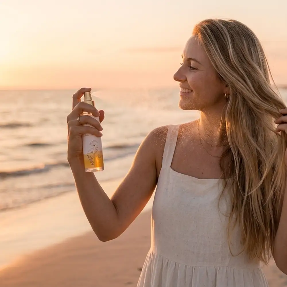 Frau sprüht sich am Strand bei Sonnenuntergang das Sun Kiss Spray in die Haare