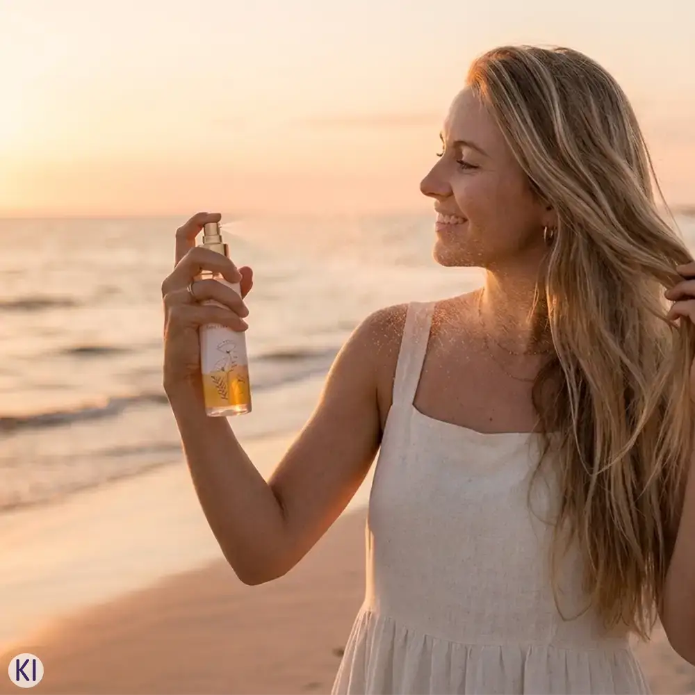 Frau sprüht sich am Strand bei Sonnenuntergang das Sun Kiss Spray in die Haare