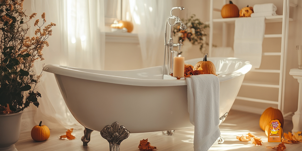 Eine freistehende Badewanne ist gemuetlich und herbstlich dekoriert. Ueber der Wanne haengt ein Handtuch und drum herum stehen verschiedene Kuerbisse und orangene Dekoration.
