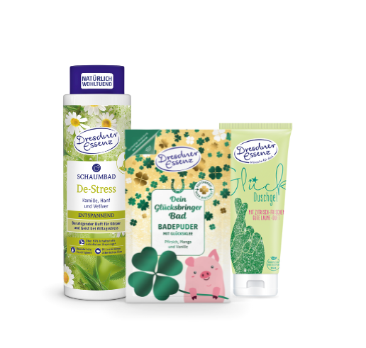 Produktabbildungen der Produkte: Schaumbad De-Stress, Dein Gluecksbringer Badepuder und Duschgel Glueck