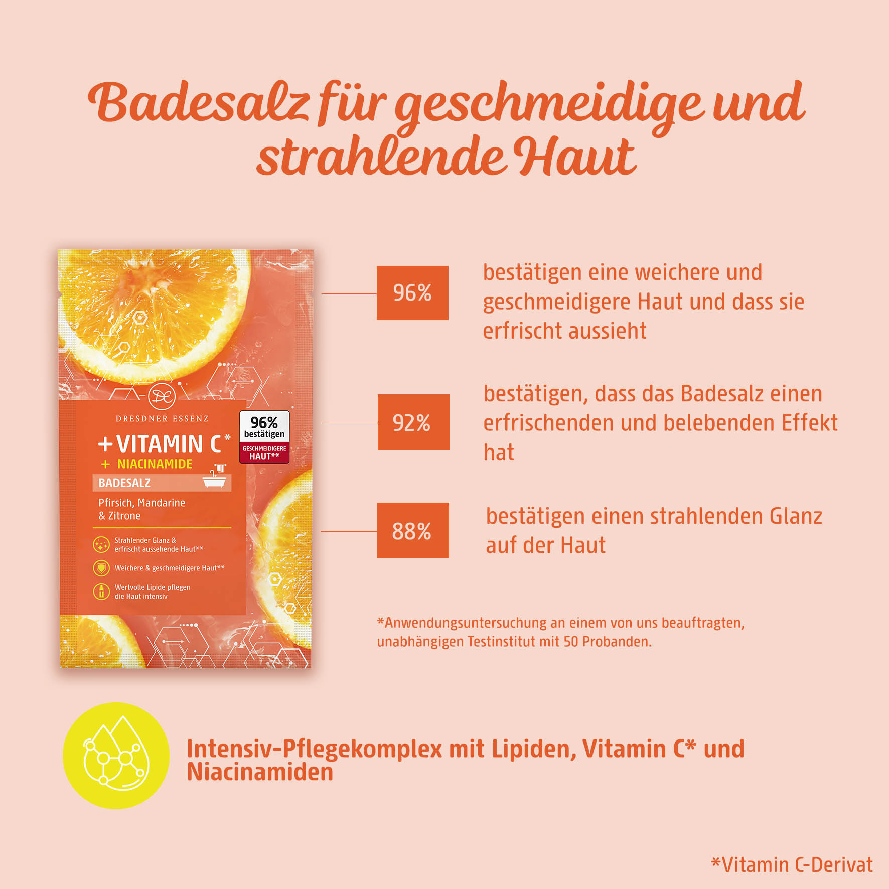 Badesalz mit Vitamin C fuer geschmeidige und strahlende Haut mit einem Intensiv-Pflegekomplex mit Lipiden, Vitamin C-Derivat und Niacinamiden
