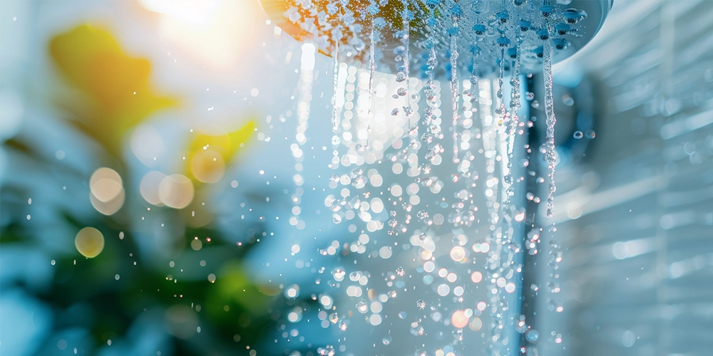 Outdoor Dusche mit sommerlichem Hintergrund