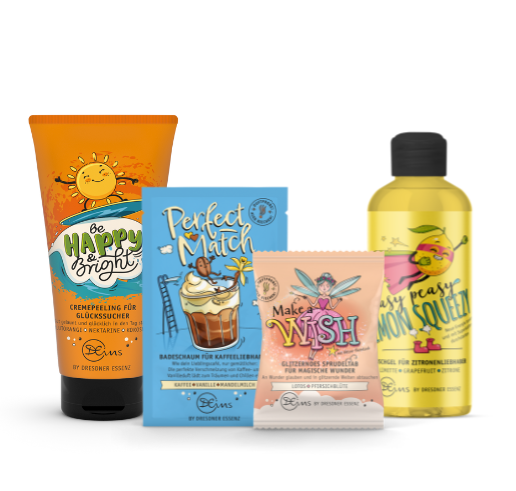 Abbildungen der Produkte: Cremepeeling Be Happy and Bright; Badeschaum Perfect Match; Sprudeltab Make a Wish; Duschgel Easy Peezy Lemon Squeezy